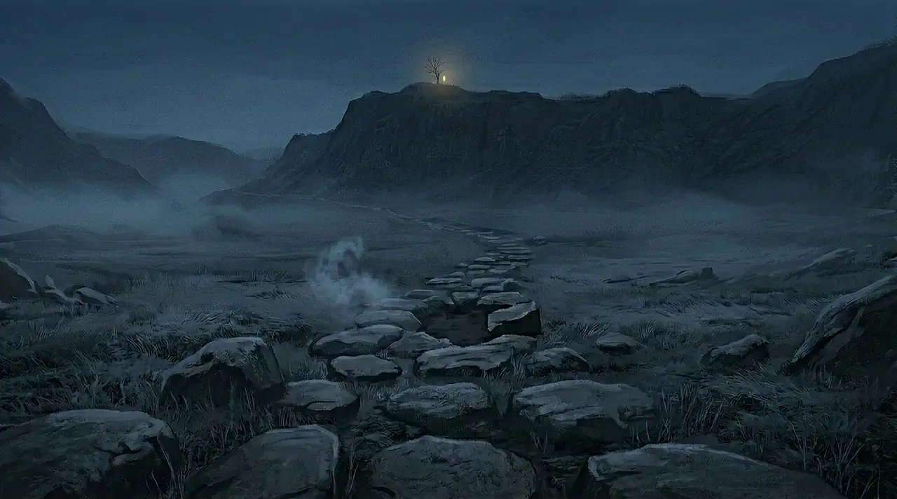 El valle al amanecer: un sendero de piedras lleva hacia un árbol iluminado en lo alto.